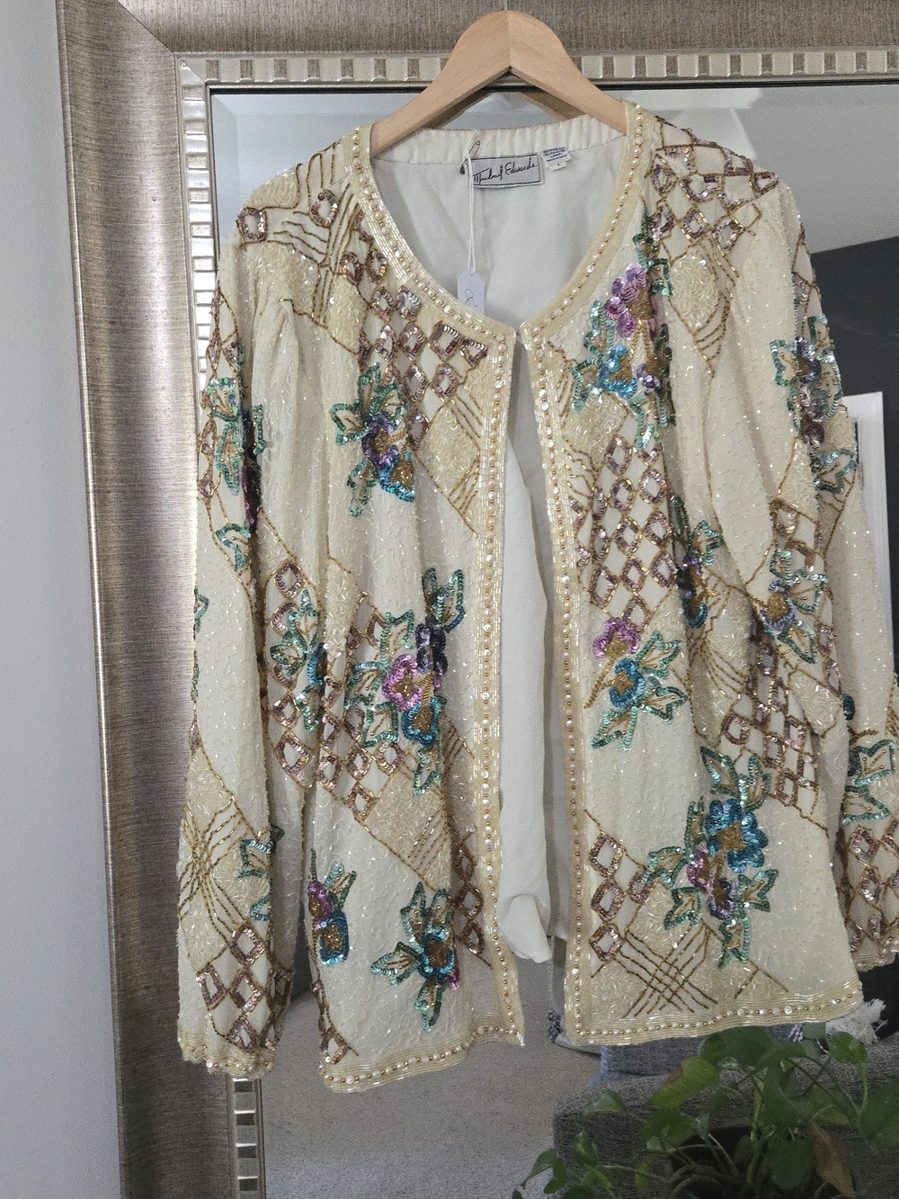 Beaded Embellished Ivory Sequin Jacket with Floral Accents